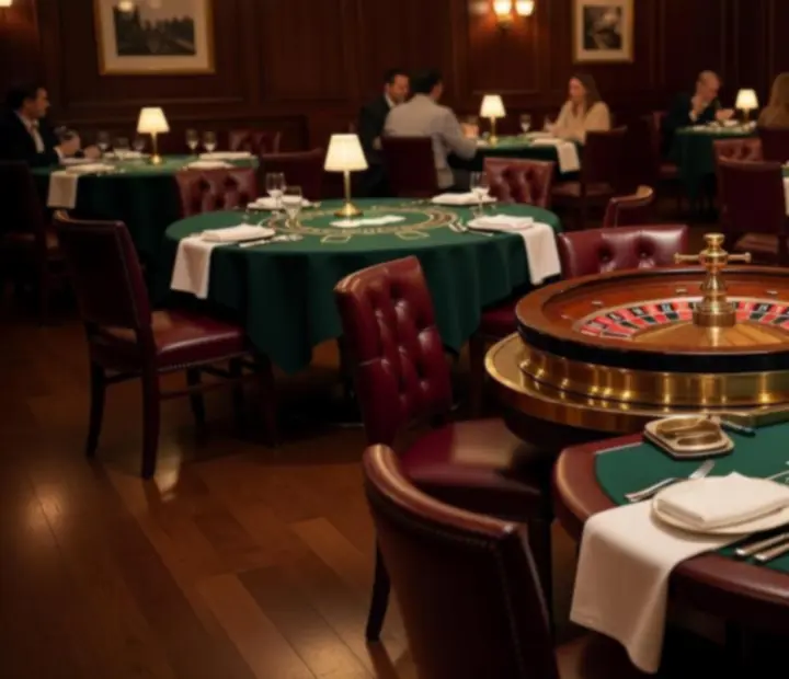 After dark restaurant layout showing poker, roulette and blackjack tables set amongst dining tables.