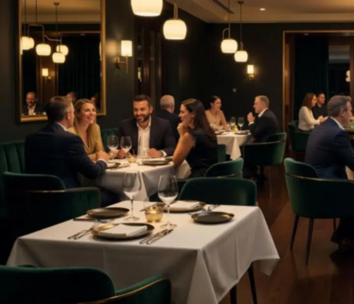 Dimly lit restaurant dining room with cocktails and classic table games set for a themed casino-style evening.