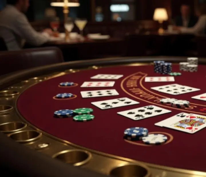 Elegant blackjack table detail with brass accents and burgundy felt