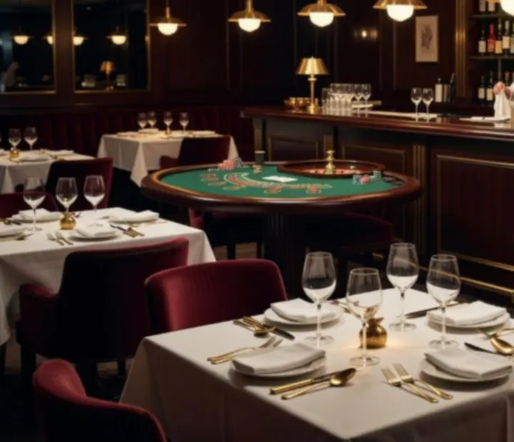 Wonderstar s. r. o. dining room after dark with cocktails, poker and roulette tables