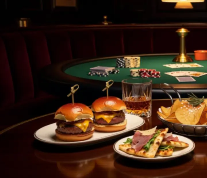 Late night bar bites on a table with a soft casino-style ambience