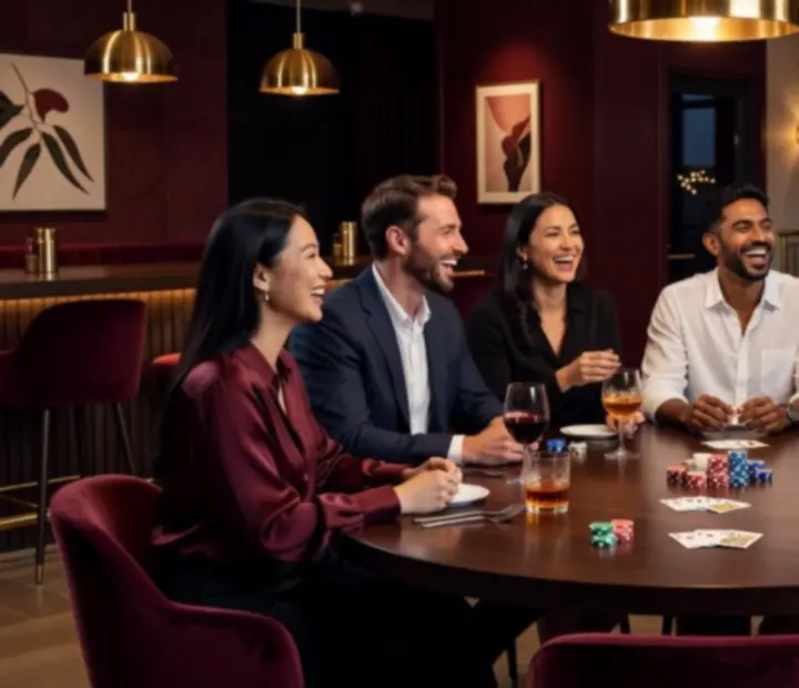 Evening ambience at Wonderstar s. r. o. with guests dining and playing poker under warm lighting.