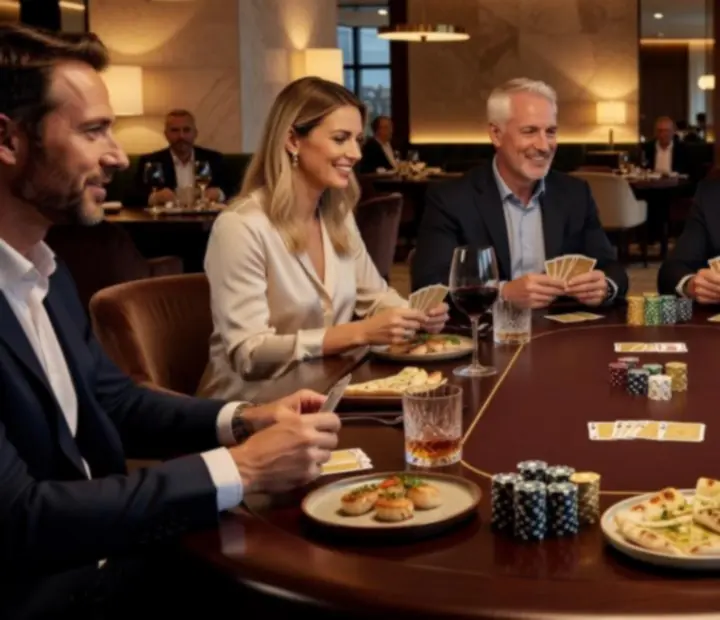 Poker table set with playing cards and play chips in a softly lit restaurant.