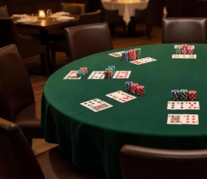 Overhead view of the poker table layout at Wonderstar s. r. o. showing cards, chips and table settings.