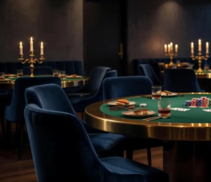 Poker tables arranged inside the Wonderstar s. r. o. dining room with warm lighting and vintage styling.