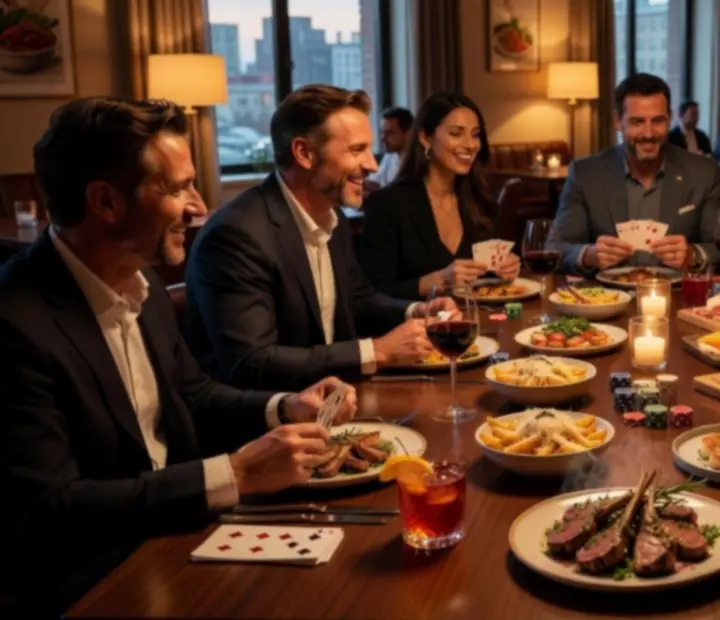 Guests enjoying a themed poker dinner with shared plates and cocktails at Wonderstar s. r. o.