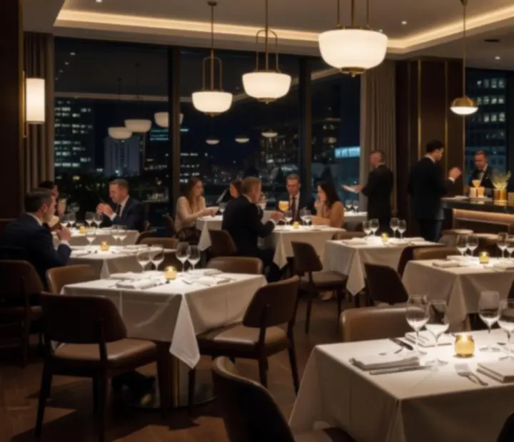 Wonderstar s. r. o. restaurant at night with elegant tables, warm pendant lighting and a cocktail bar.