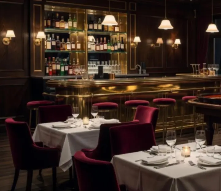Atmospheric restaurant with a roulette table set amongst dining tables.