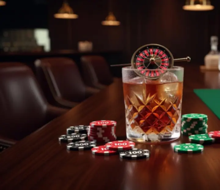 Roulette-themed cocktail on a brass-toned bar surface.