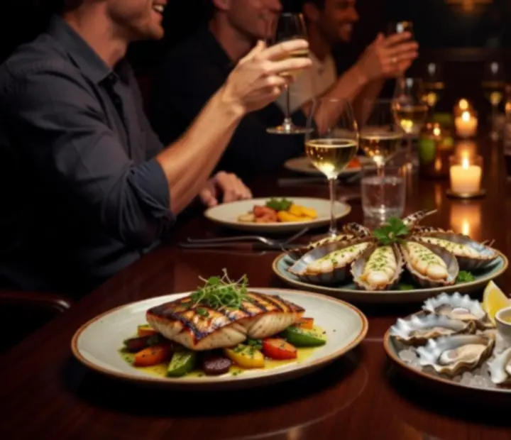Seafood dishes and white wine on a table for an evening out