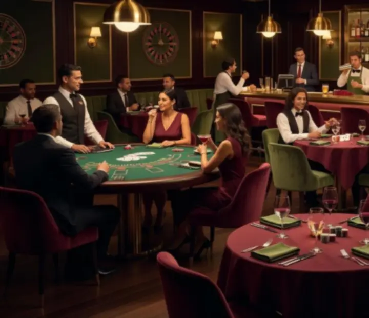 Restaurant interior at night with warm lighting and vintage-inspired casino-style decor.