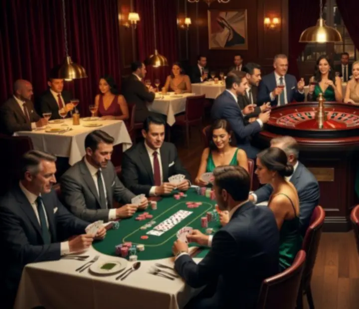 Evening cards showing poker supper, roulette night, blackjack social and a monthly theme night
